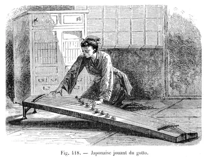 Framed Print : Japanese woman playing the koto engraving 1885 Framed Print : Japanese woman playing the koto engraving 1885