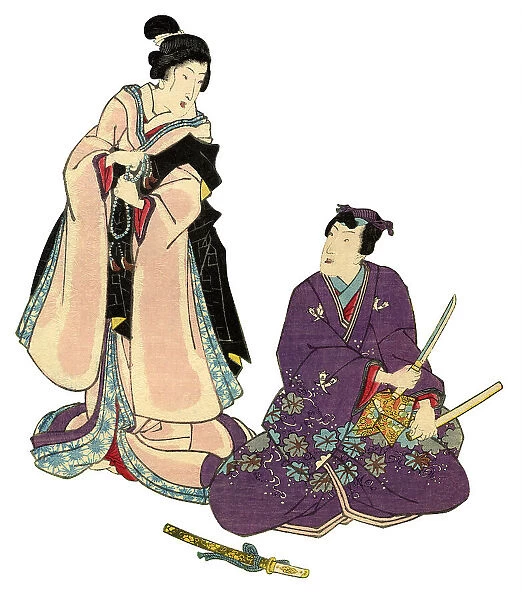 Japanese Woodblock Print Woman and Man with Sword
