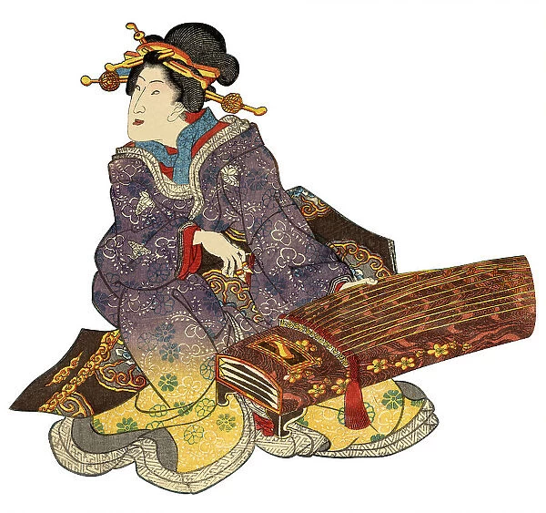 Japanese Woodblock Print Woman and Musical Instrument