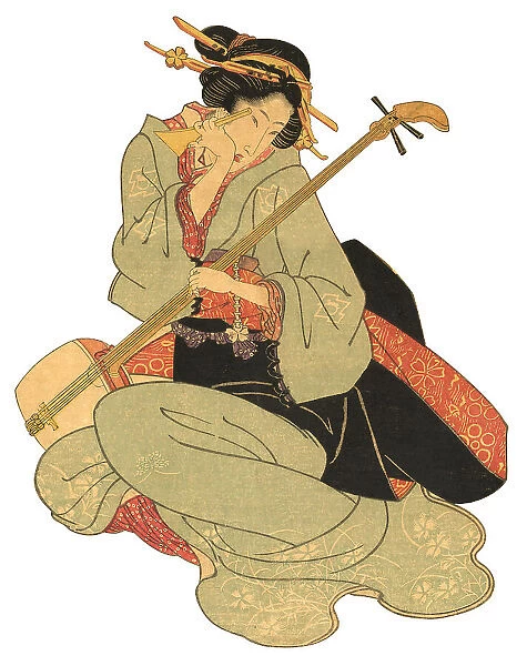 Japanese Woodblock Print Woman and Musical Instrument