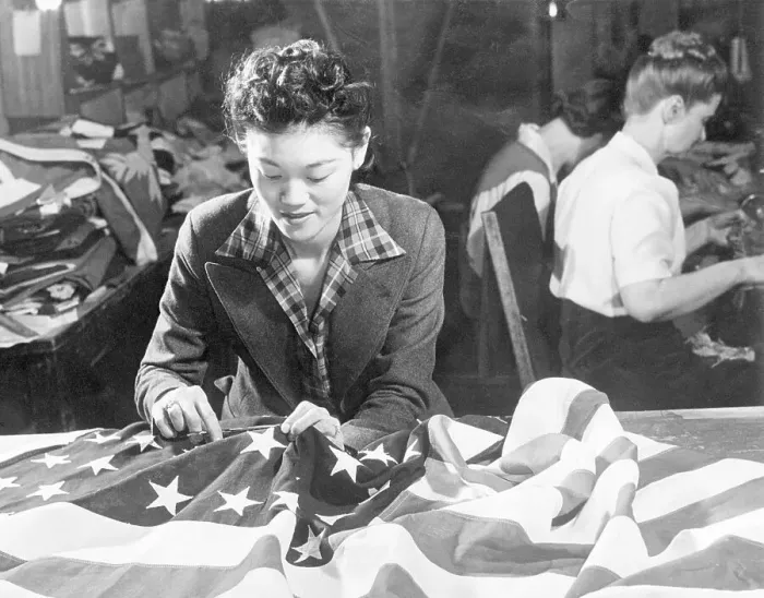 Framed Print : Japaneses Woman Sewing American Flag Framed Print : Japaneses Woman Sewing American Flag