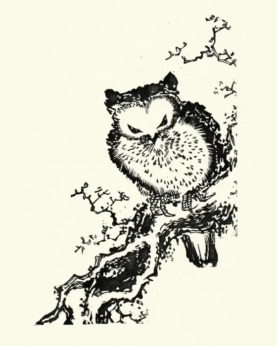 Framed Print : Japanesse Art, Owl perched on a branch, 19th Century