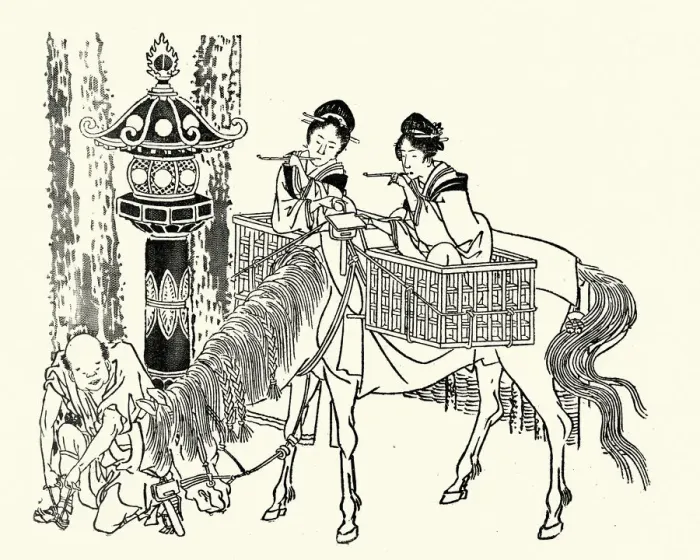 Framed Print : Japanesse Art, Women travelling in baskets on back of horse