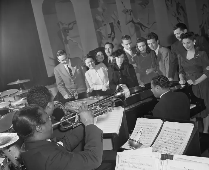 Framed Print : Jazz Fans Around Piano At Club Framed Print : Jazz Fans Around Piano At Club