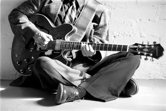 Framed Print : Jazz Guitarist black and white portrait Framed Print : Jazz Guitarist black and white portrait