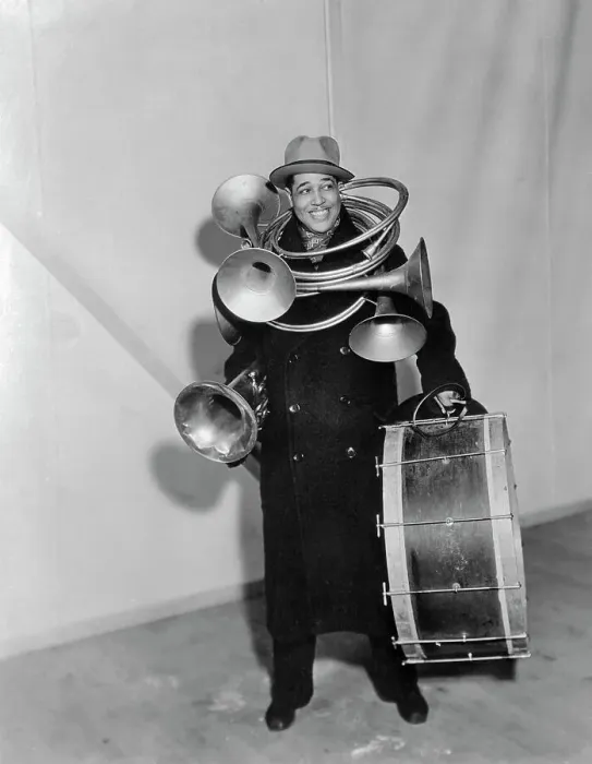 Framed Print : Jazz Musician Duke Ellington Carrying Horns and Drum Framed Print : Jazz Musician Duke Ellington Carrying Horns and Drum