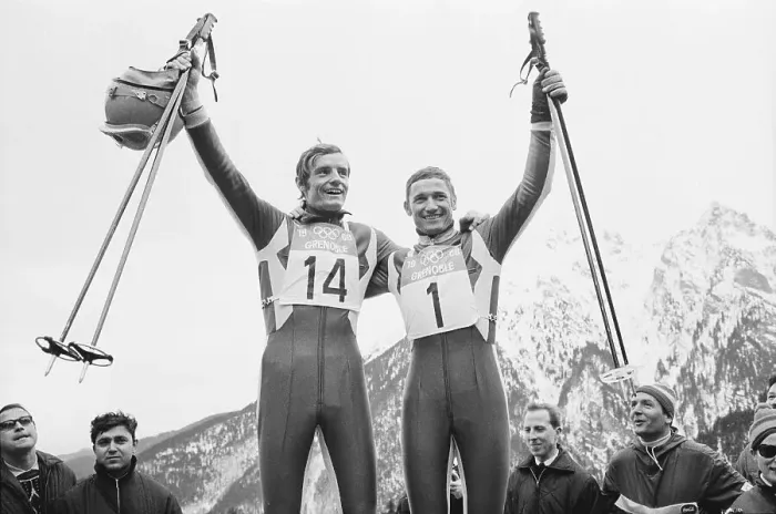 Framed Print : Jean-Claude Killy and Guy Perillat Celebrating Victory Framed Print : Jean-Claude Killy and Guy Perillat Celebrating Victory