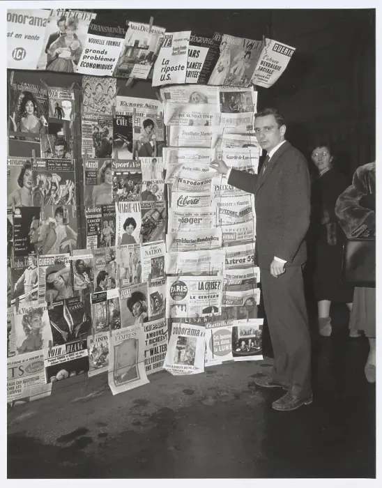 Framed Print : Jean Pierre Guillaume Pausing at Newspaper Stand Framed Print : Jean Pierre Guillaume Pausing at Newspaper Stand