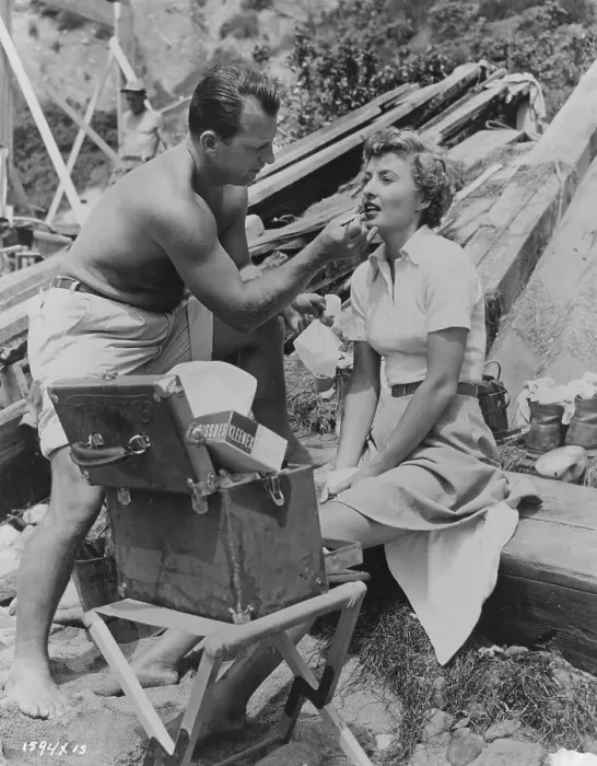 Framed Print : Jeopardy. Make-up artist Pat McNalley works on American actress Barbara Stanwyck Framed Print : Jeopardy. Make-up artist Pat McNalley works on American actress Barbara Stanwyck