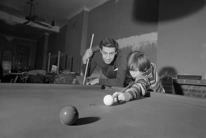 Framed Print : Jerry Orbach Playing Pool with His Son