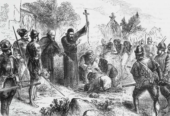 Framed Print : Jesuit Missionaries Forcing Indians to Convert Framed Print : Jesuit Missionaries Forcing Indians to Convert