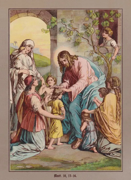 Framed Print : Jesus blesses the children, chromolithograph, published ca. 1880 Framed Print : Jesus blesses the children, chromolithograph, published ca. 1880