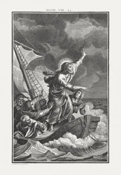 Framed Print : Jesus Calms the Storm (Matthew 8), copperplate engraving, published c. 1850 Framed Print : Jesus Calms the Storm (Matthew 8), copperplate engraving, published c. 1850
