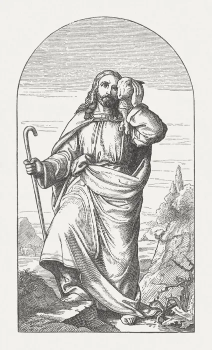 Framed Print : Jesus as the Good Shepherd, wood engraving, published in 1895