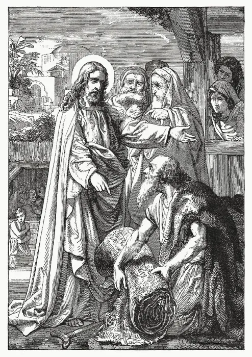 Framed Print : Jesus Healing the Paralytic, wood engraving, published in 1894 Framed Print : Jesus Healing the Paralytic, wood engraving, published in 1894