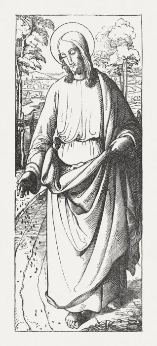 Framed Print : Jesus as a sower (Matthew 13), wood engraving, published 1850 Framed Print : Jesus as a sower (Matthew 13), wood engraving, published 1850