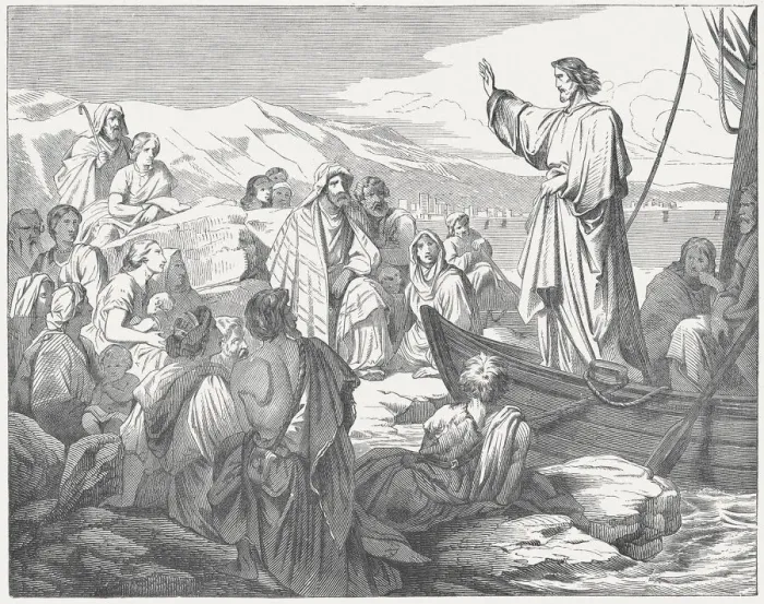 Framed Print : Jesus teaches from a boat to the people, published c. 1880 Framed Print : Jesus teaches from a boat to the people, published c. 1880