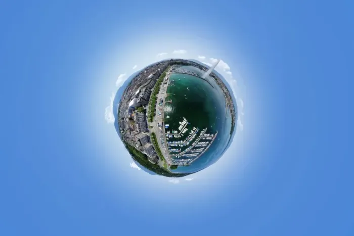 Framed Print : Jet d Eau Geneva in 360A Aerial Perspective Framed Print : Jet d Eau Geneva in 360A Aerial Perspective