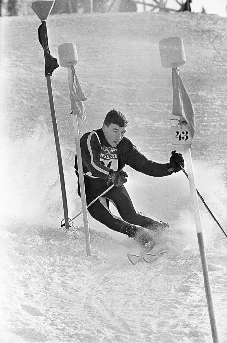 Framed Print : Jim Heuga Skiing Past a Slalom Gate Framed Print : Jim Heuga Skiing Past a Slalom Gate