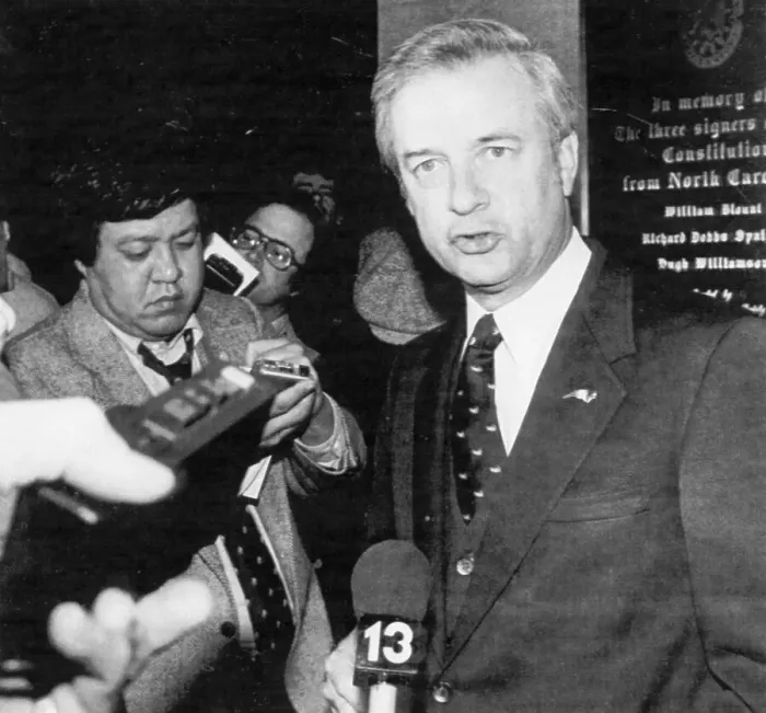 Framed Print : Jim Hunt. North Carolina Governor Jim Hunt talks to reporters after a federal Framed Print : Jim Hunt. North Carolina Governor Jim Hunt talks to reporters after a federal