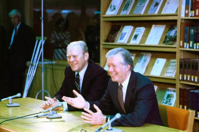 Framed Print : Jimmy Carter and Gerald Ford at Press Conference