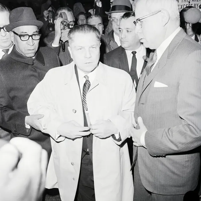Framed Print : Jimmy Hoffa in Trench Coat Surrenders Framed Print : Jimmy Hoffa in Trench Coat Surrenders