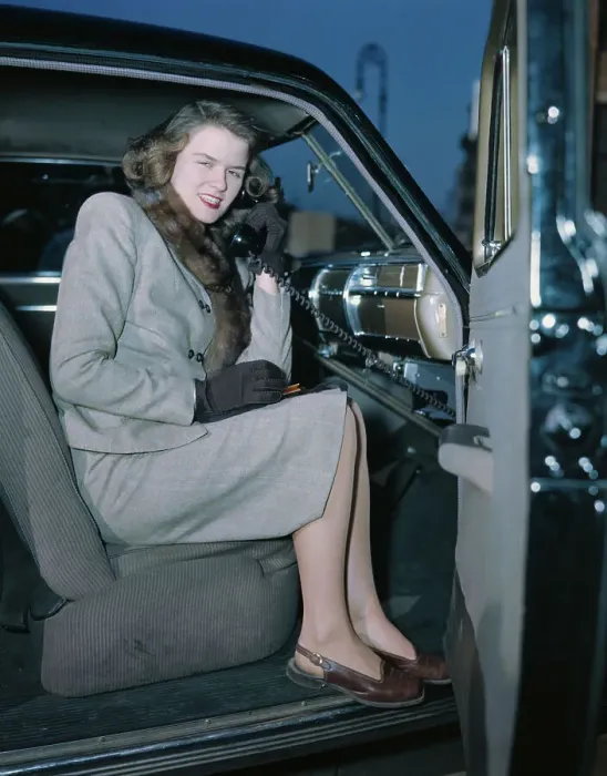 Framed Print : Joan Blair Using Early Car Phone Framed Print : Joan Blair Using Early Car Phone