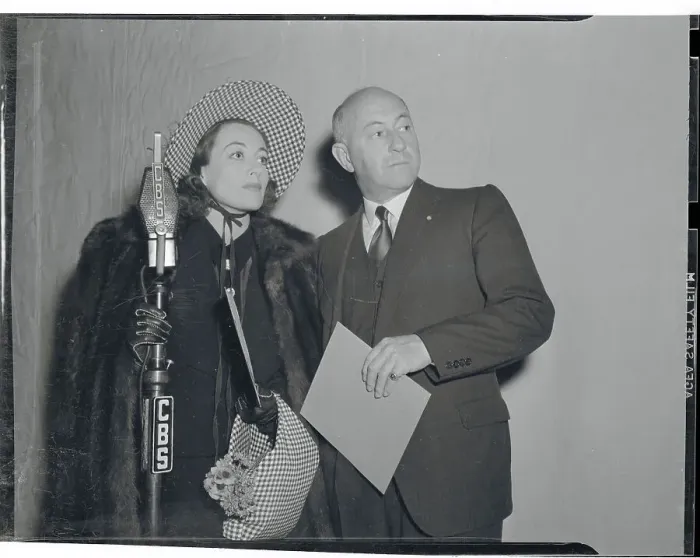 Framed Print : Joan Crawford and Cecil B. DeMille by Microphone Framed Print : Joan Crawford and Cecil B. DeMille by Microphone
