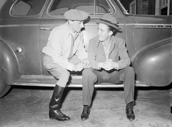 Framed Print : Jockies Sitting on Car and Talking Framed Print : Jockies Sitting on Car and Talking
