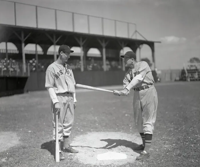 Framed Print : Joe Cronin Demonstrating Batting Stance for Ted Williams Framed Print : Joe Cronin Demonstrating Batting Stance for Ted Williams