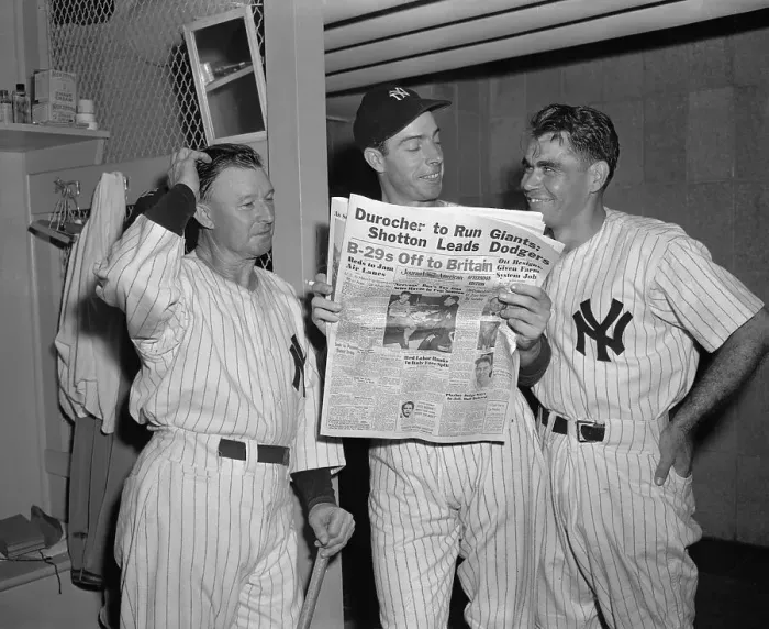 Framed Print : Joe DiMaggio with Chuck Dressen and Charley Keller