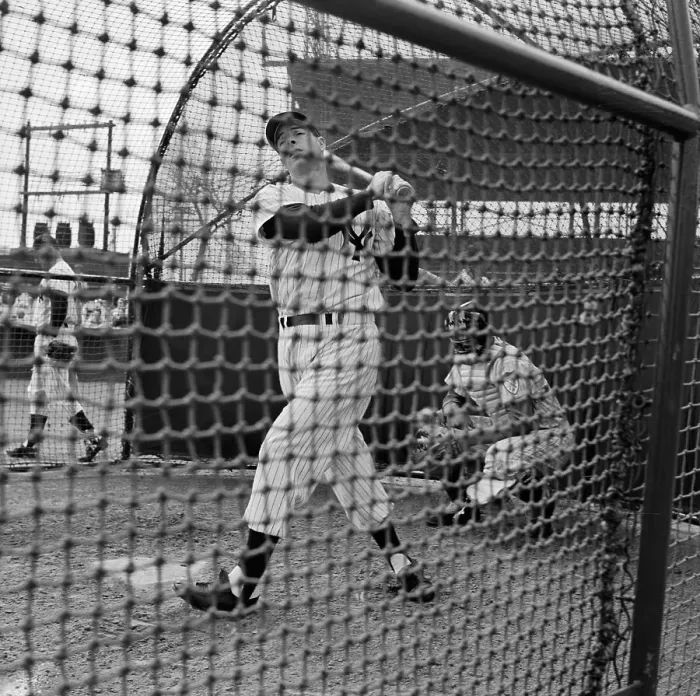 Framed Print : Joe DiMaggio Practicing Batting in Cage Framed Print : Joe DiMaggio Practicing Batting in Cage