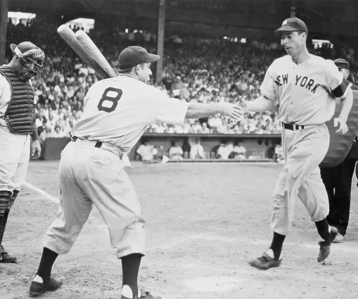 Framed Print : Joe Dimaggio Shaking Hands with Yogi Berra