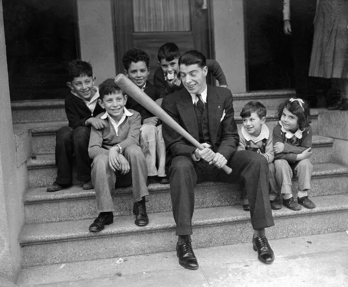 Framed Print : Joe DiMaggio Sitting with Children and Holding Baseball Bat Framed Print : Joe DiMaggio Sitting with Children and Holding Baseball Bat