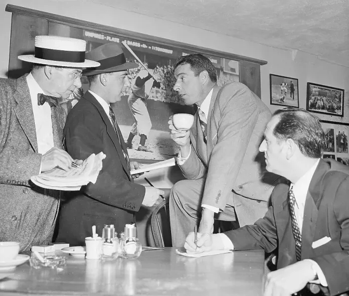 Framed Print : Joe DiMaggio Talks to Newsmen Framed Print : Joe DiMaggio Talks to Newsmen