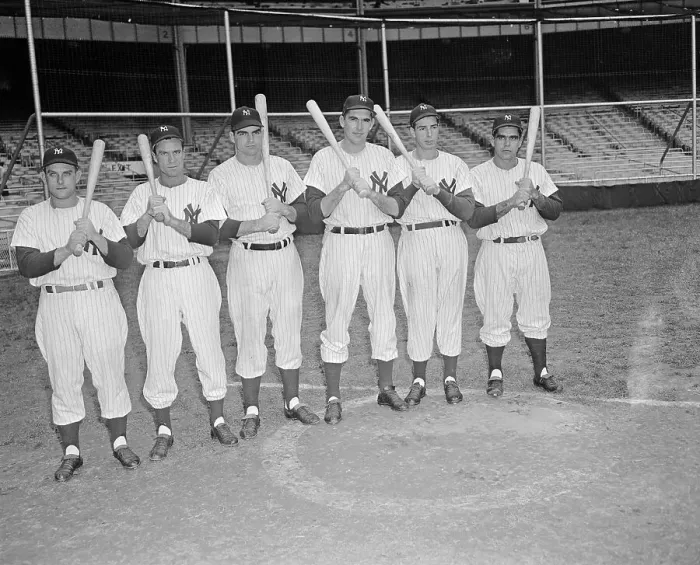 Framed Print : Joe DiMaggio and Teammates Posing with Bats Framed Print : Joe DiMaggio and Teammates Posing with Bats