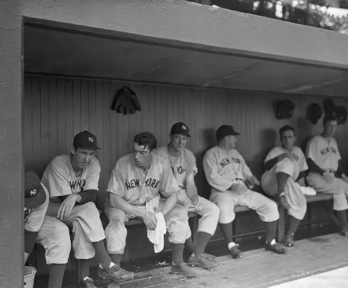 Framed Print : Joe DiMaggio and Teammates Sitting on Bench Framed Print : Joe DiMaggio and Teammates Sitting on Bench