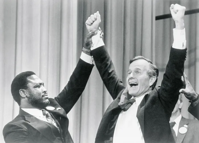 Framed Print : Joe Frazier Raising Arms of George Bush Framed Print : Joe Frazier Raising Arms of George Bush