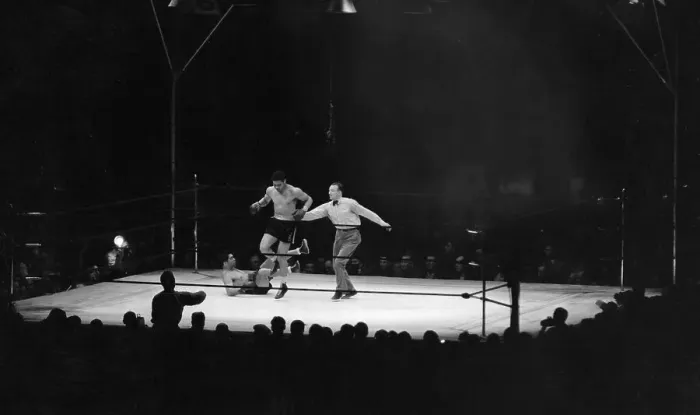 Framed Print : Joe Louis Stepping over Max Schmeling During Bout Framed Print : Joe Louis Stepping over Max Schmeling During Bout