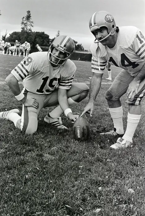 Framed Print : Joe Montana and Ray Wersching in Practice Framed Print : Joe Montana and Ray Wersching in Practice