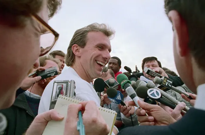 Framed Print : Joe Montana Talking to Reporters Framed Print : Joe Montana Talking to Reporters