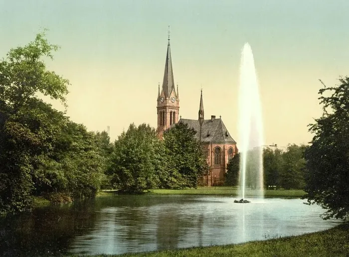 Framed Print : Johannapark with pond and Luther church, Leipzig, Saxony, Germany, Historic, digitally restored reproduction of a photochrome print from the 1890s Framed Print : Johannapark with pond and Luther church, Leipzig, Saxony, Germany, Historic, digitally restored reproduction of a photochrome print from the 1890s