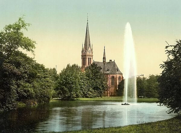 Johannapark with pond and Luther church, Leipzig, Saxony, Germany, Historic, digitally restored reproduction of a photochrome print from the 1890s