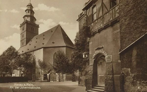 Johanniskirche in Hanau, Hesse, Germany, postcard with text, view around ca 1910, historical, digital reproduction of a historical postcard, public domain, from that time, exact date unknown