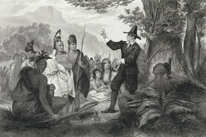 Framed Print : John Eliot Preaching to Algonquian Indians Framed Print : John Eliot Preaching to Algonquian Indians