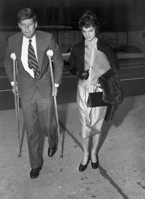 Framed Print : John F. Kennedy on Crutches with Wife Framed Print : John F. Kennedy on Crutches with Wife