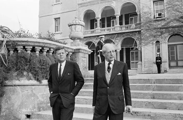 Framed Print : John F. Kennedy and Harold Macmillan Walking in Front of Building