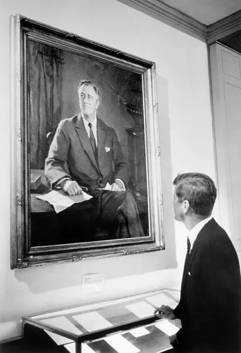 Framed Print : John F. Kennedy Observing a Large Portrait of Franklin D. Roosevelt Framed Print : John F. Kennedy Observing a Large Portrait of Franklin D. Roosevelt