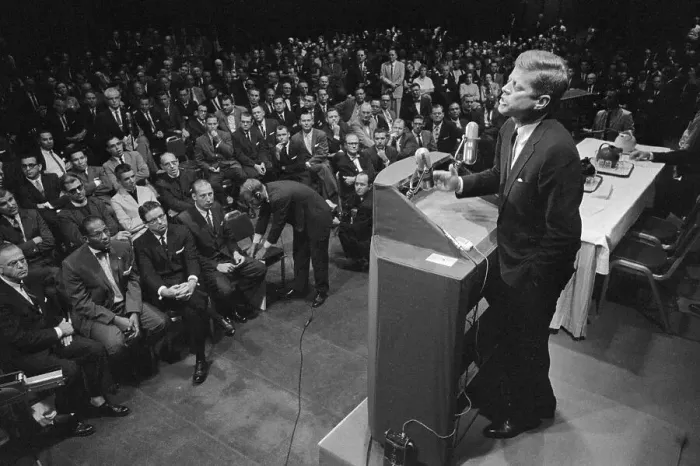 Framed Print : John F. Kennedy at Podium Speaking to Audience Framed Print : John F. Kennedy at Podium Speaking to Audience