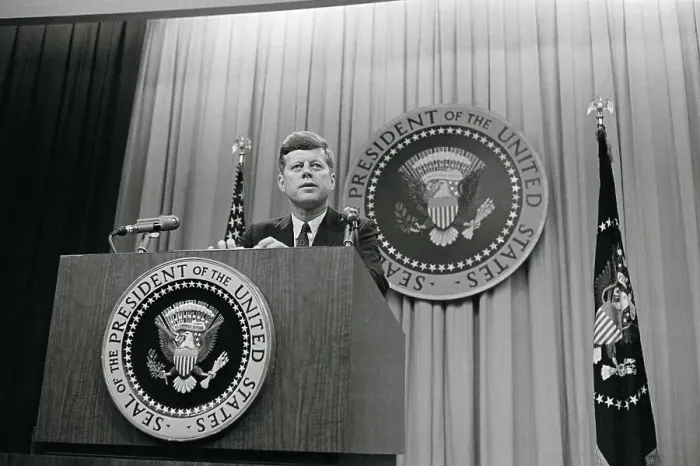 Framed Print : John F Kennedy Speaking at News Conference Framed Print : John F Kennedy Speaking at News Conference